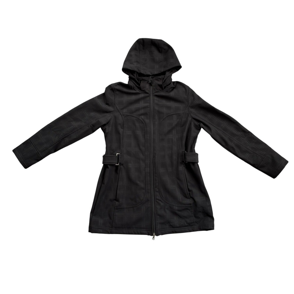 Free Country Softshell Jacket Womens Large Black Plaid Faux Fur Lined Hood Coat